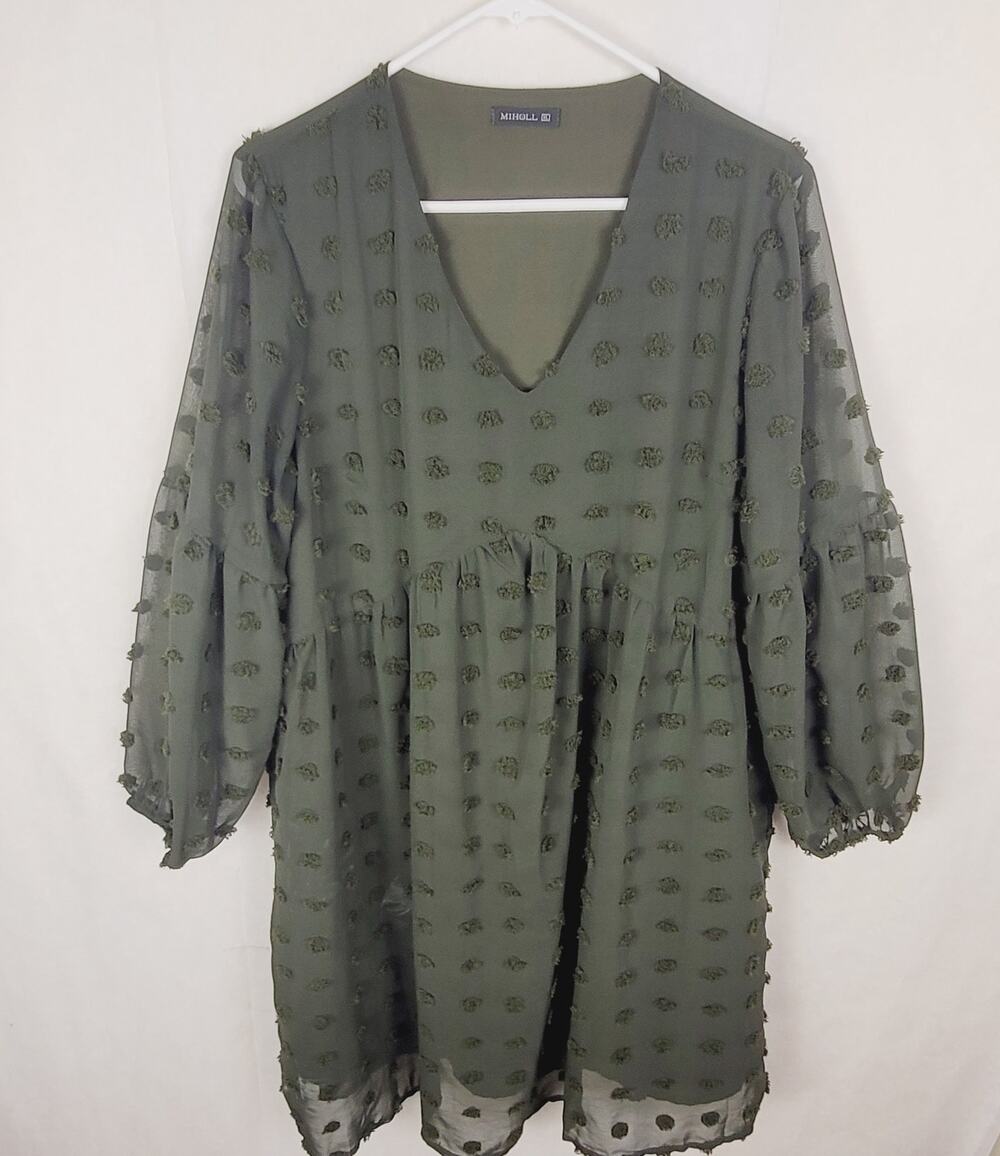 Miholl green swiss dot long sleeved babydoll dress size XL Y2K coquette romantic